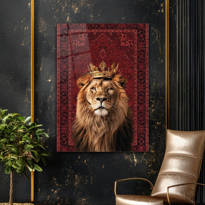 Kırmızı Halı Fonlu Kral Aslan Cam Tablo