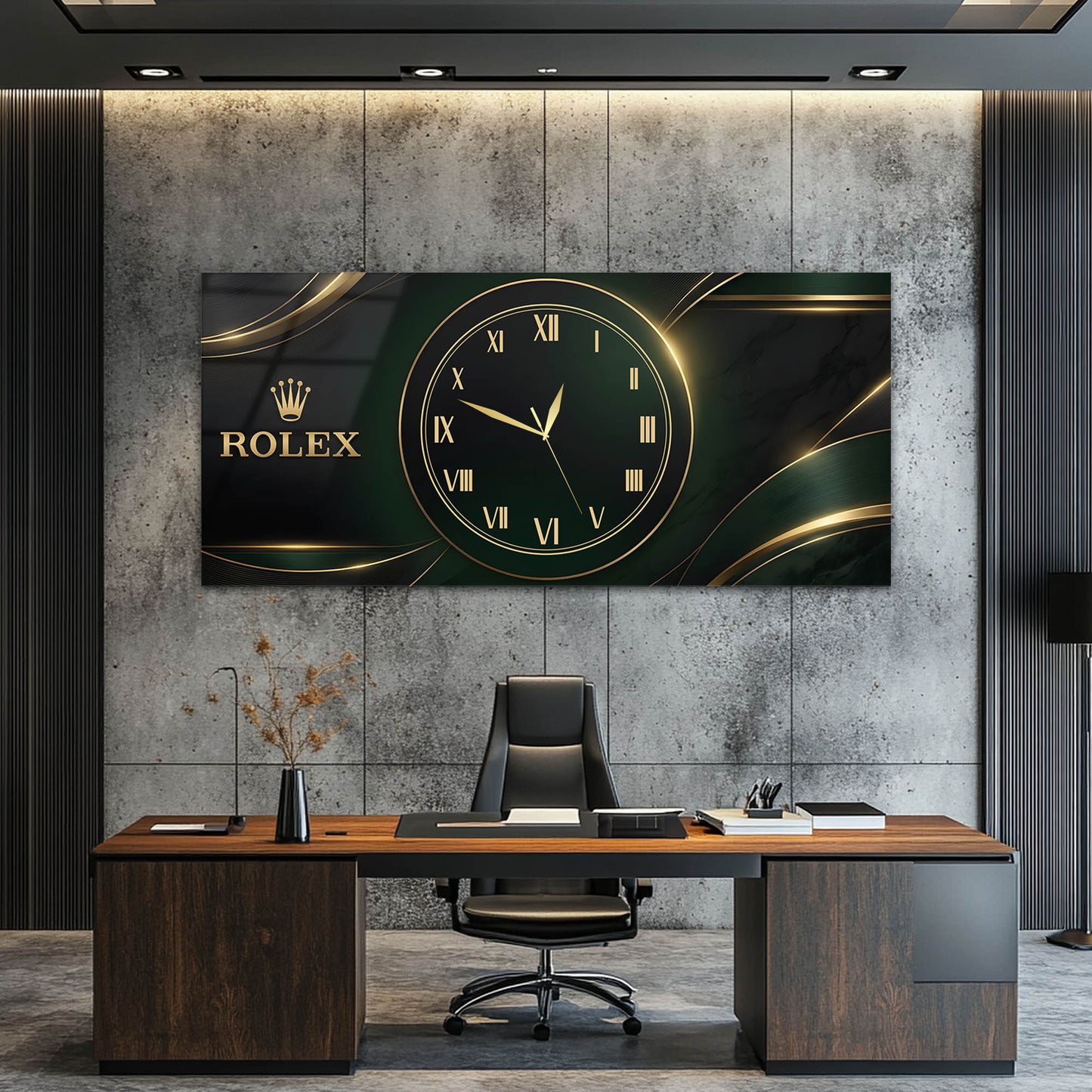 Yeşil Rolexx Stil Modern Cam Tablo Saat