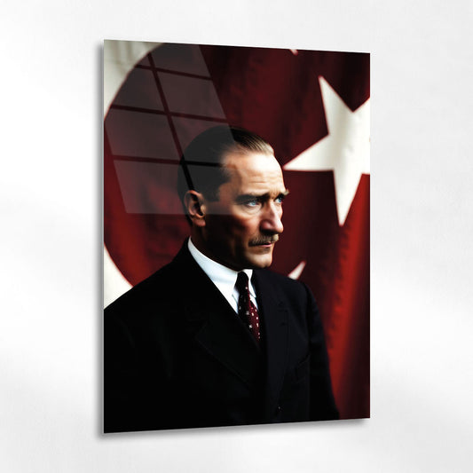 Atatürk Profil Poz Bayraklı Klasik Cam Tablo