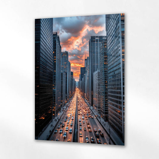 Metropol Bulvar Trafik Gün Batımı Cam Tablo