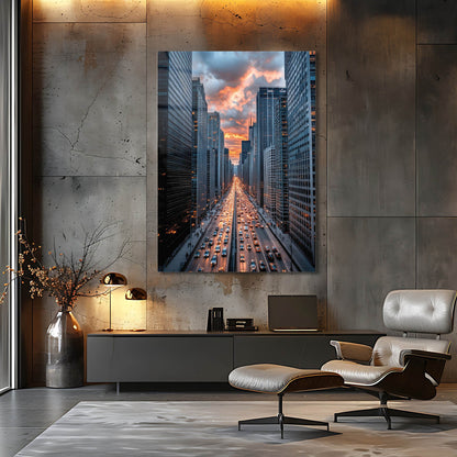 Metropol Bulvar Trafik Gün Batımı Cam Tablo