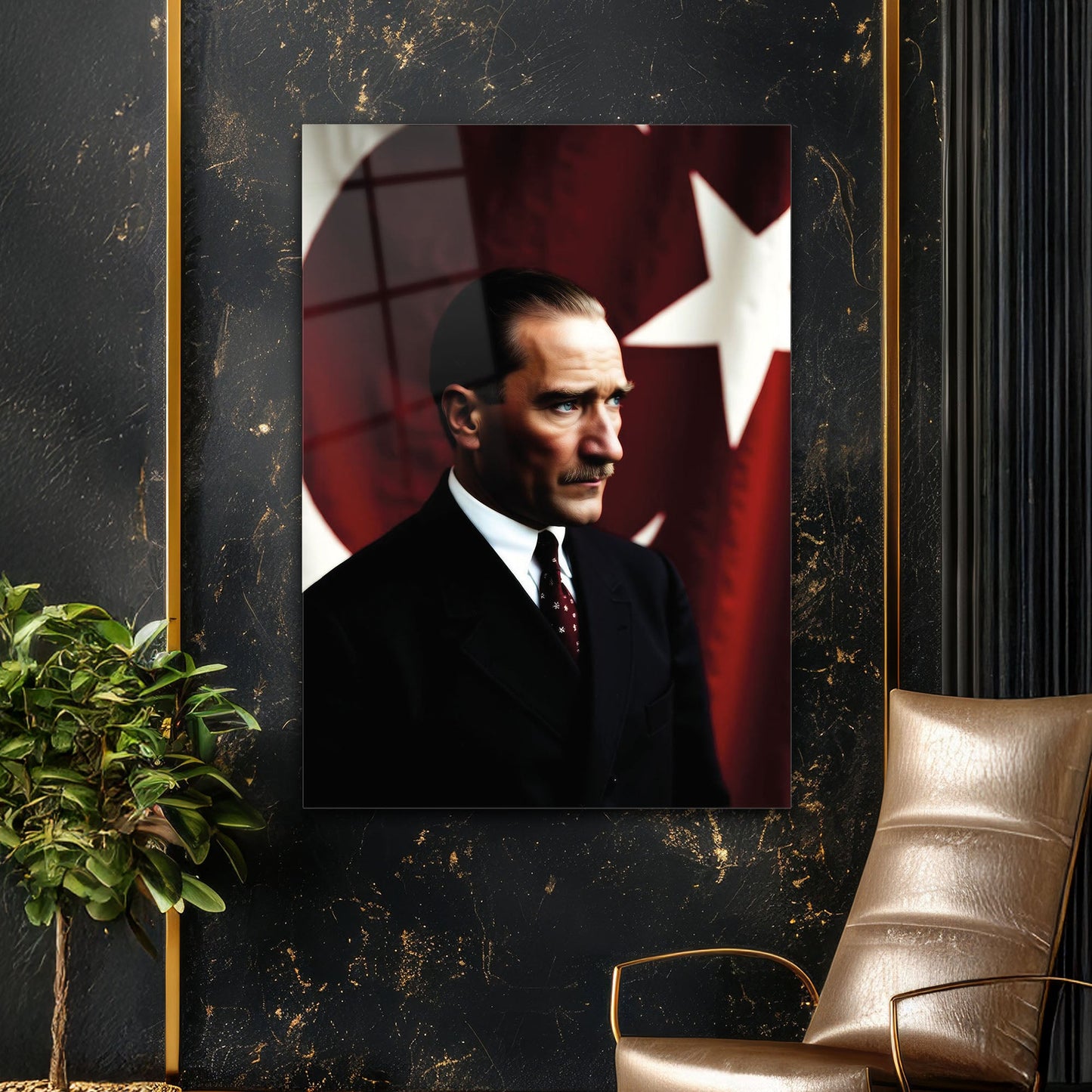 Atatürk Profil Poz Bayraklı Klasik Cam Tablo