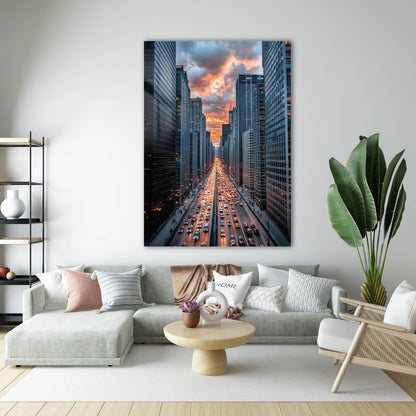 Metropol Bulvar Trafik Gün Batımı Cam Tablo