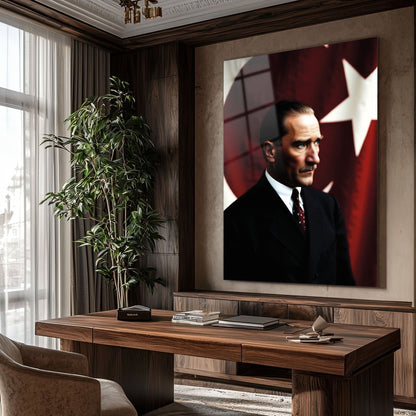 Atatürk Profil Poz Bayraklı Klasik Cam Tablo