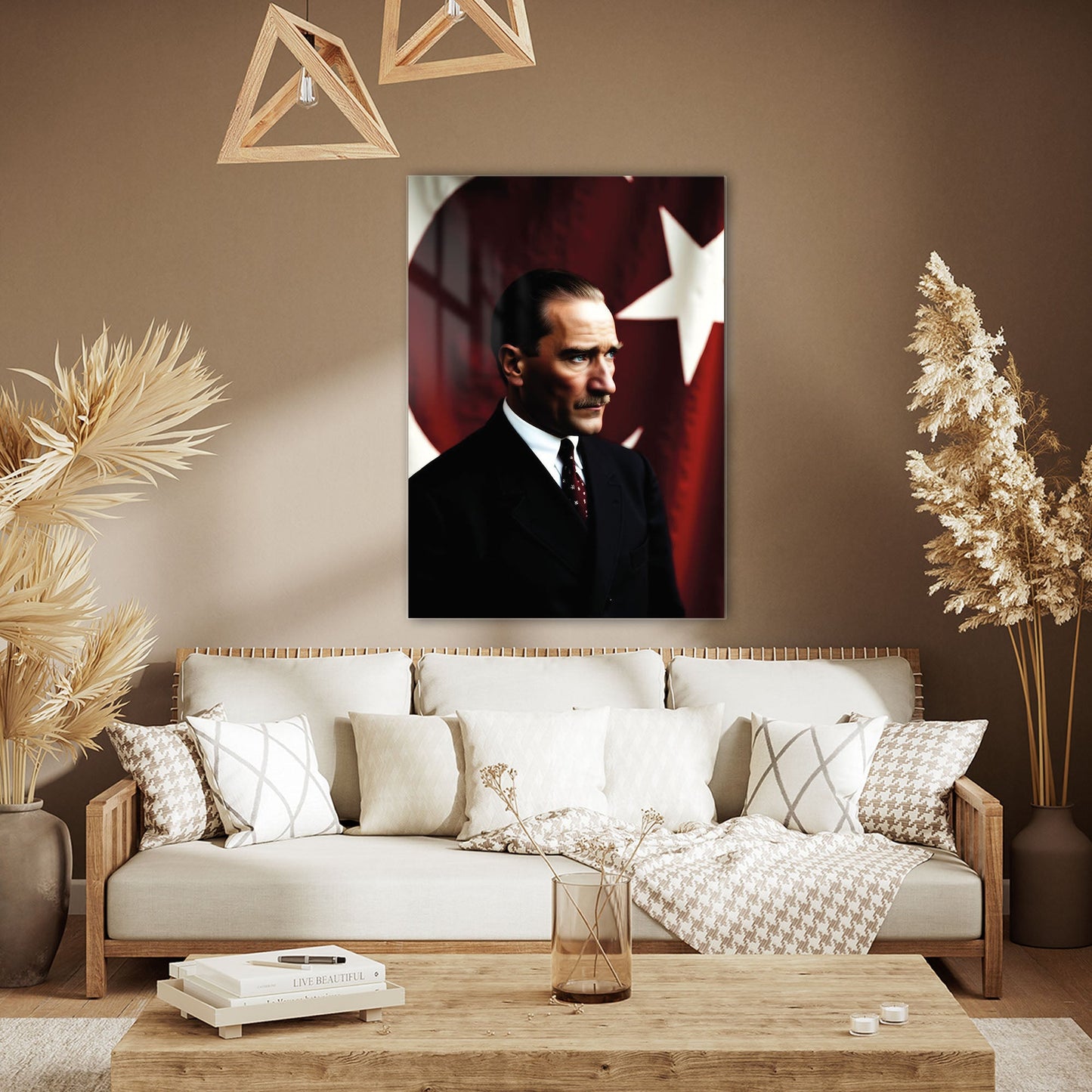Atatürk Profil Poz Bayraklı Klasik Cam Tablo