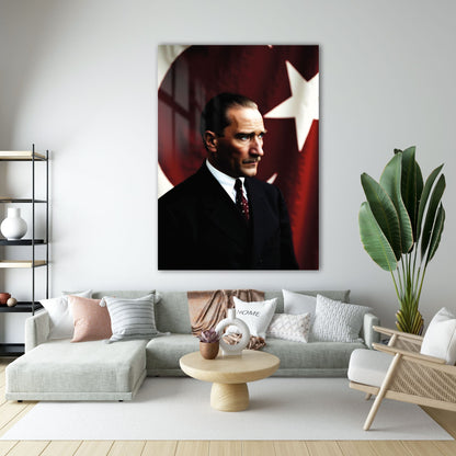 Atatürk Profil Poz Bayraklı Klasik Cam Tablo