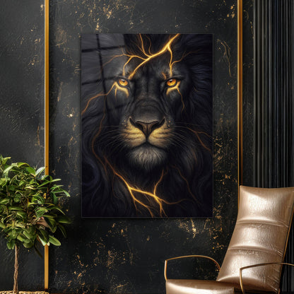 Altın Damarlı Karanlık Aslan Cam Tablo