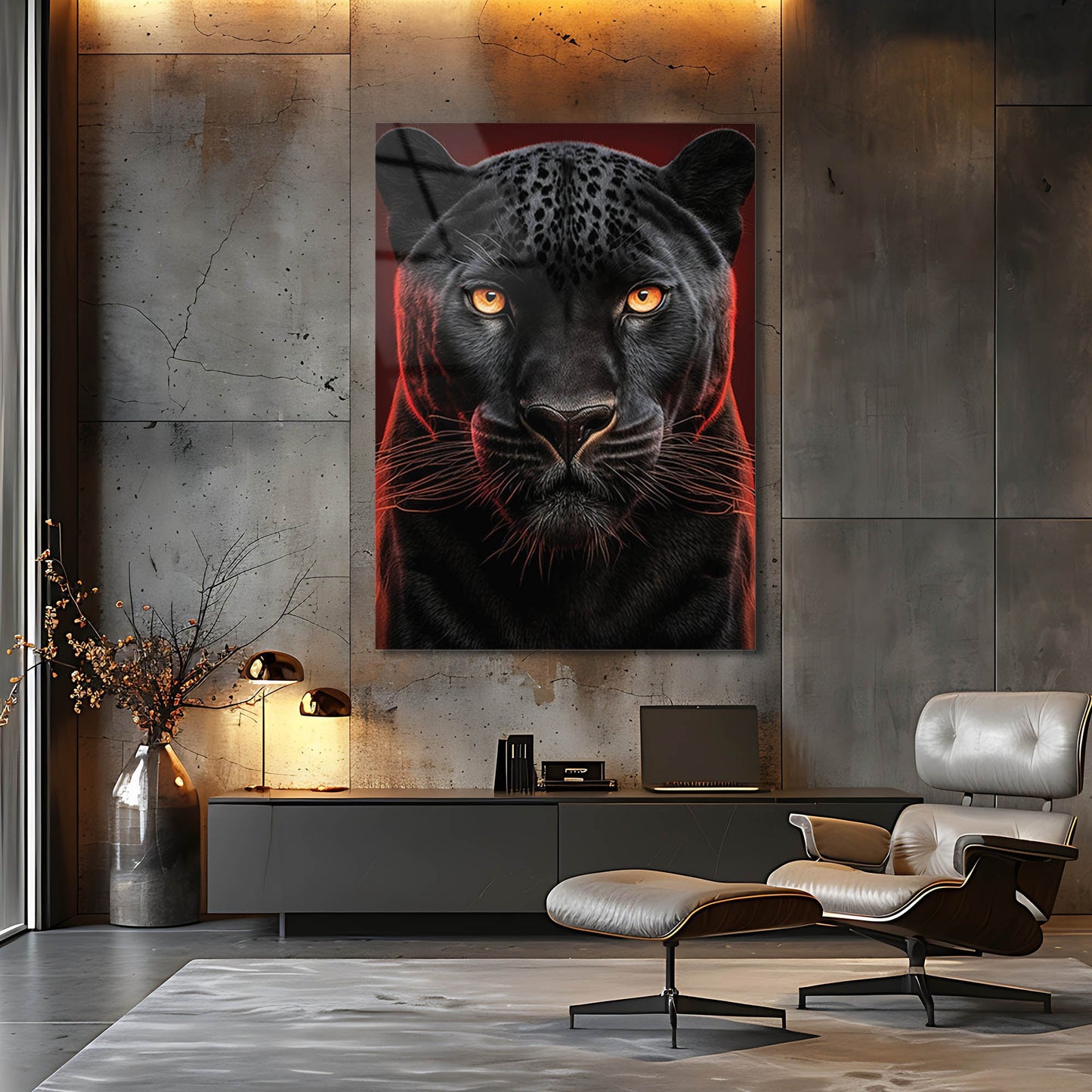 Siyah Panter Kırmızı Işık Cam Tablo