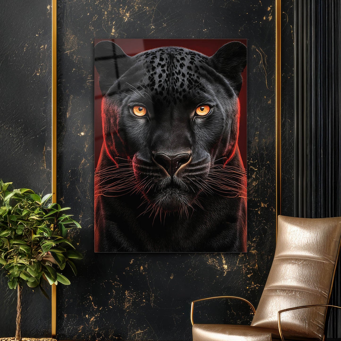 Siyah Panter Kırmızı Işık Cam Tablo