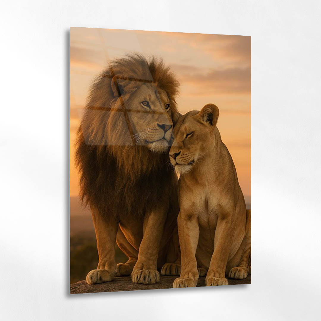 Romantik Aslan Çifti Gün Batımı Cam Tablo