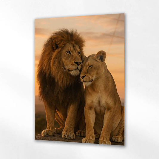 Romantik Aslan Çifti Gün Batımı Cam Tablo