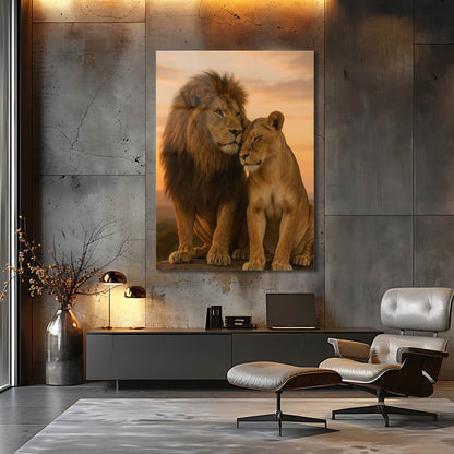 Romantik Aslan Çifti Gün Batımı Cam Tablo