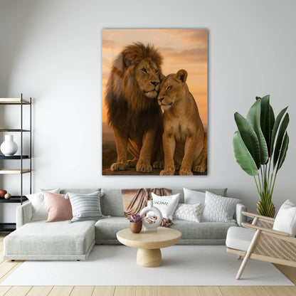 Romantik Aslan Çifti Gün Batımı Cam Tablo