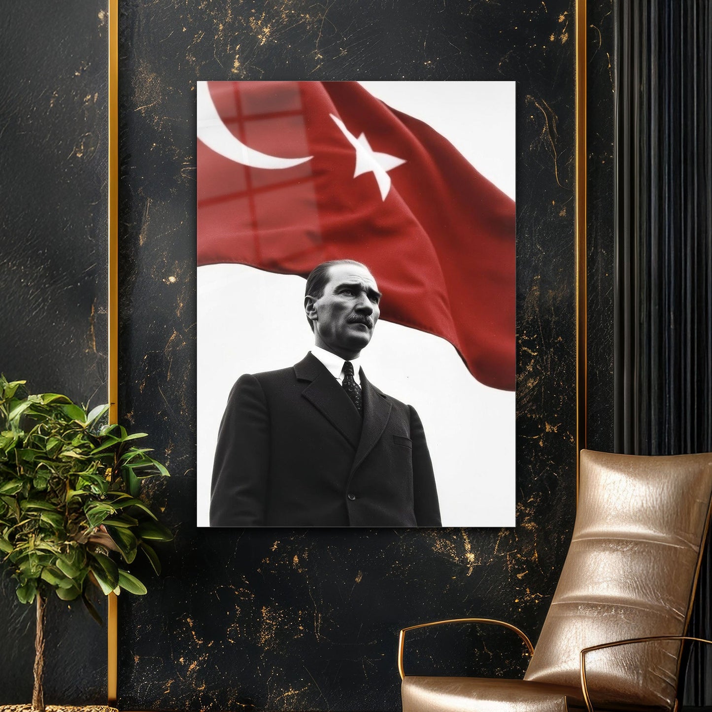 Atatürk Siyah Beyaz Bayraklı Tarihi Portre Cam Tablo