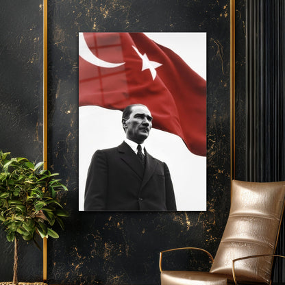 Atatürk Siyah Beyaz Bayraklı Tarihi Portre Cam Tablo