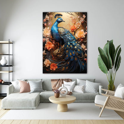 Çiçekli Tavus Kuşu Sanat Cam Tablo