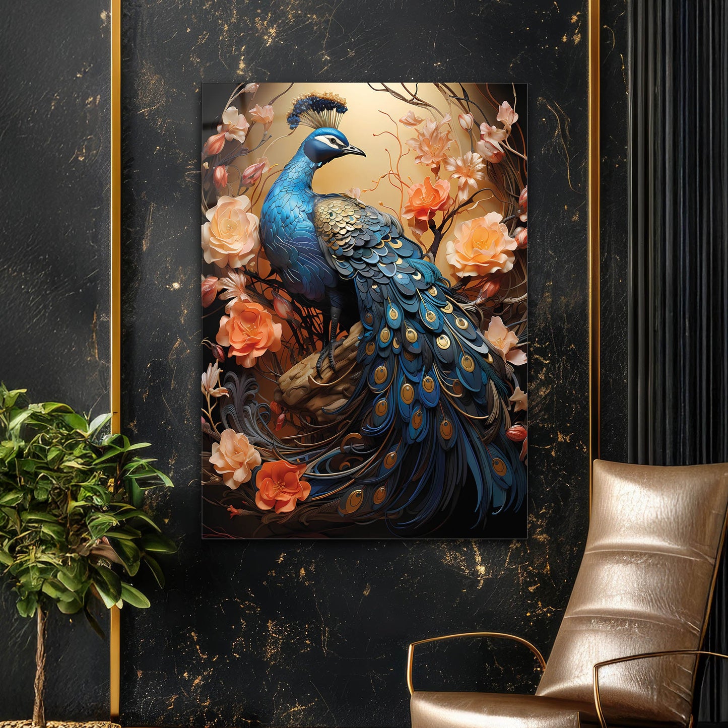 Çiçekli Tavus Kuşu Sanat Cam Tablo