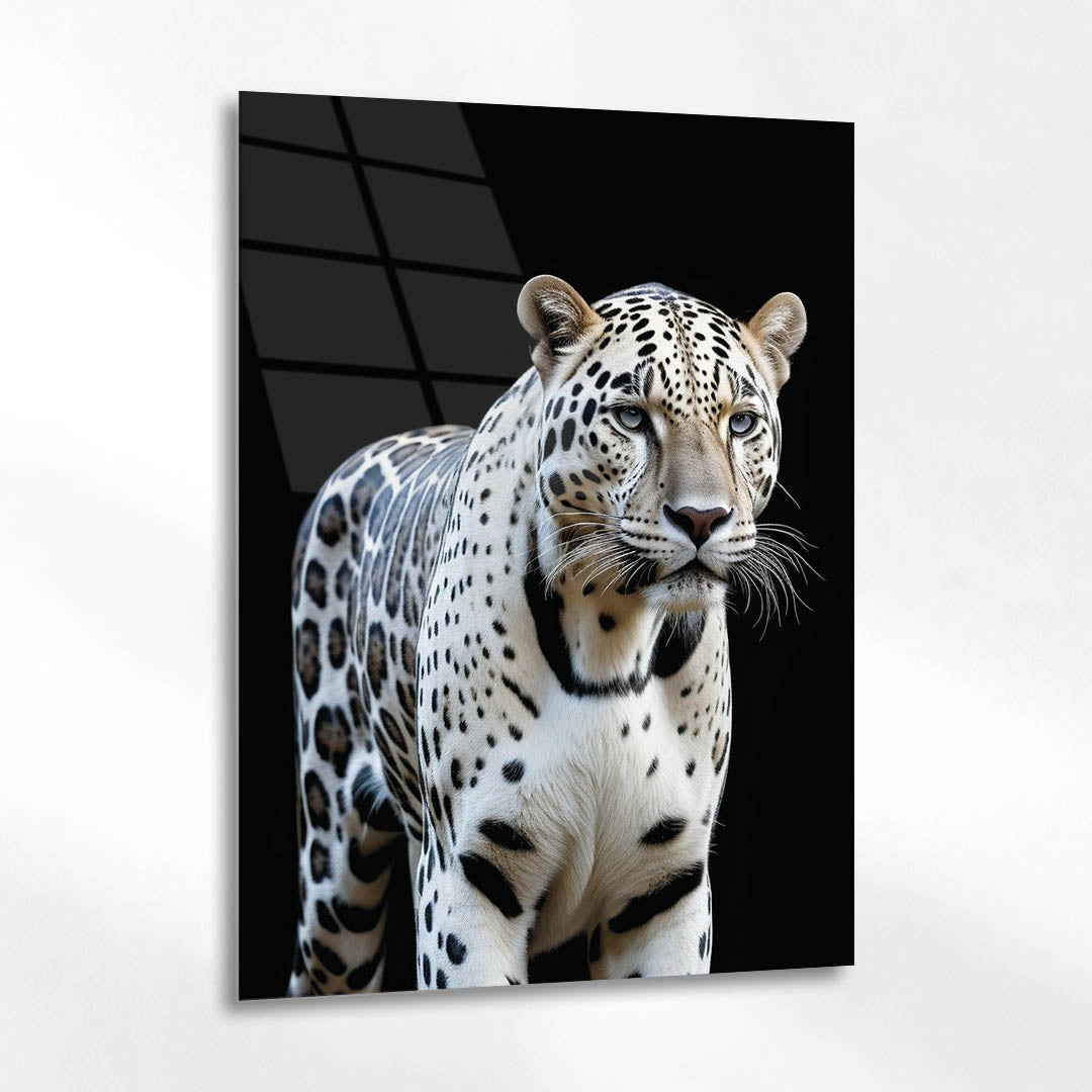 Beyaz Leopar Portre Cam Tablo