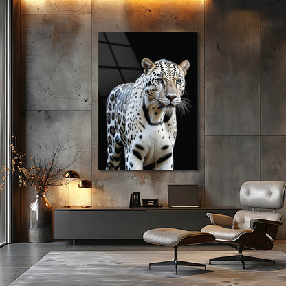 Beyaz Leopar Portre Cam Tablo