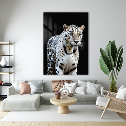 Beyaz Leopar Portre Cam Tablo