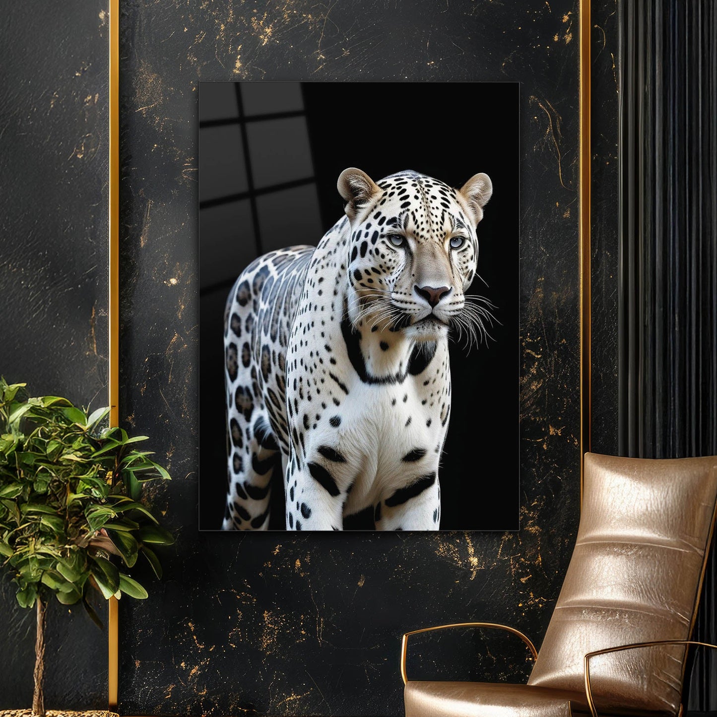 Beyaz Leopar Portre Cam Tablo