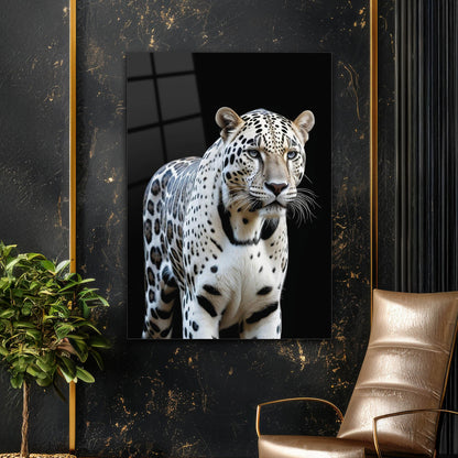 Beyaz Leopar Portre Cam Tablo