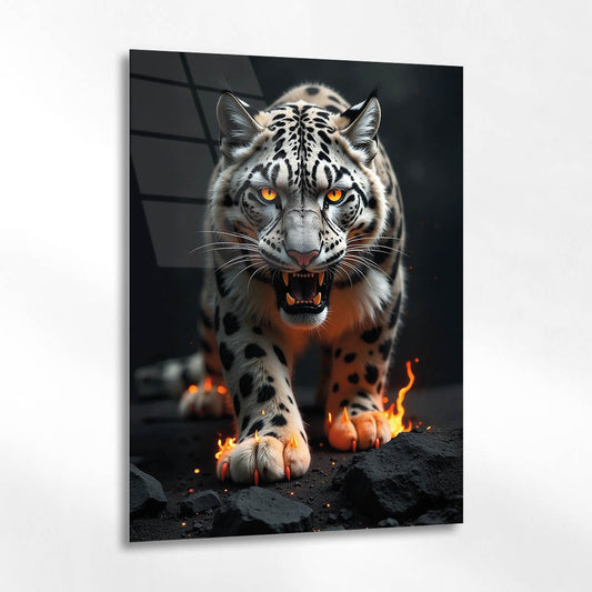 Alevli Kar Leoparı Cam Tablo