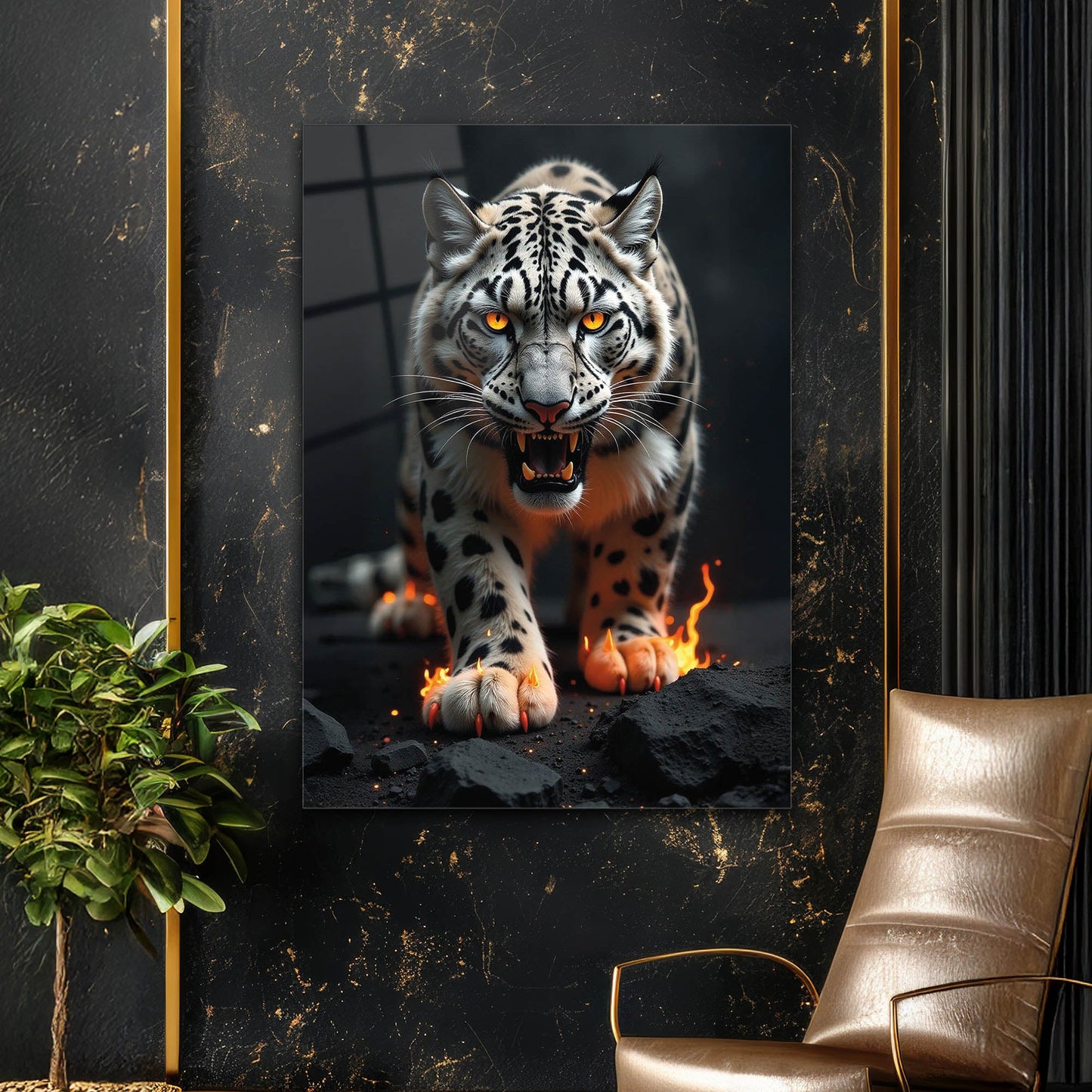 Alevli Kar Leoparı Cam Tablo