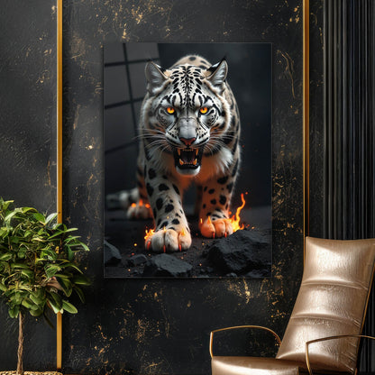 Alevli Kar Leoparı Cam Tablo