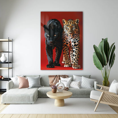 Siyah Panter ve Leopar İkili Cam Tablo