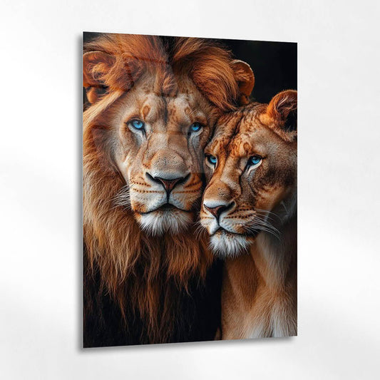 Mavi Gözlü Aslan Çifti Portre Cam Tablo