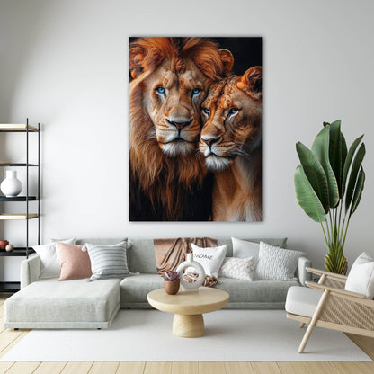 Mavi Gözlü Aslan Çifti Portre Cam Tablo