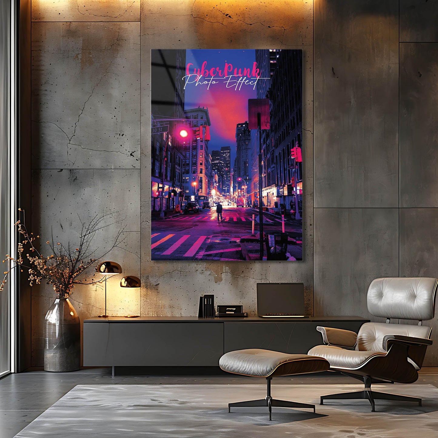 Cyberpunk Şehir Gece Neon Işıklar Cam Tablo