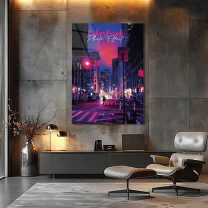 Cyberpunk Şehir Gece Neon Işıklar Cam Tablo