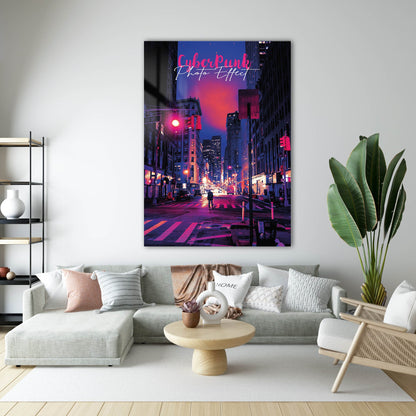Cyberpunk Şehir Gece Neon Işıklar Cam Tablo