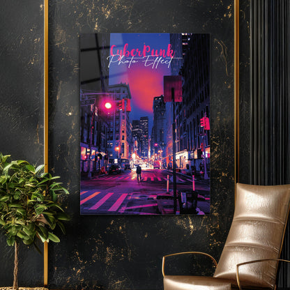 Cyberpunk Şehir Gece Neon Işıklar Cam Tablo