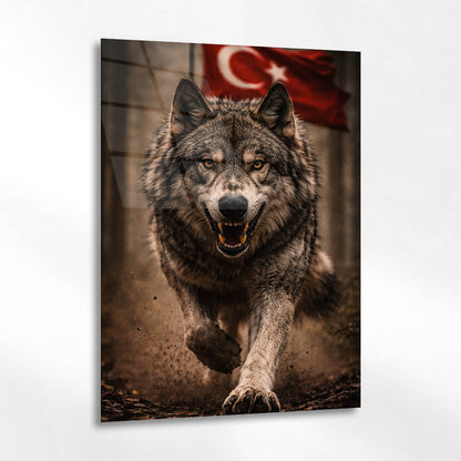 Türk Bayraklı Kurt Portre Cam Tablo