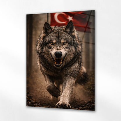 Türk Bayraklı Kurt Portre Cam Tablo