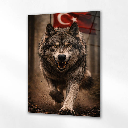Türk Bayraklı Kurt Portre Cam Tablo