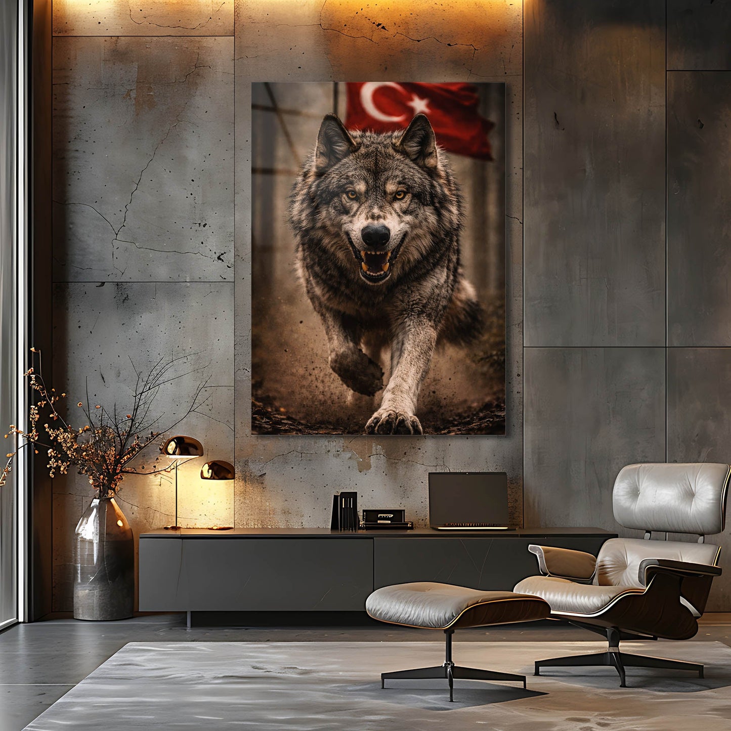 Türk Bayraklı Kurt Portre Cam Tablo