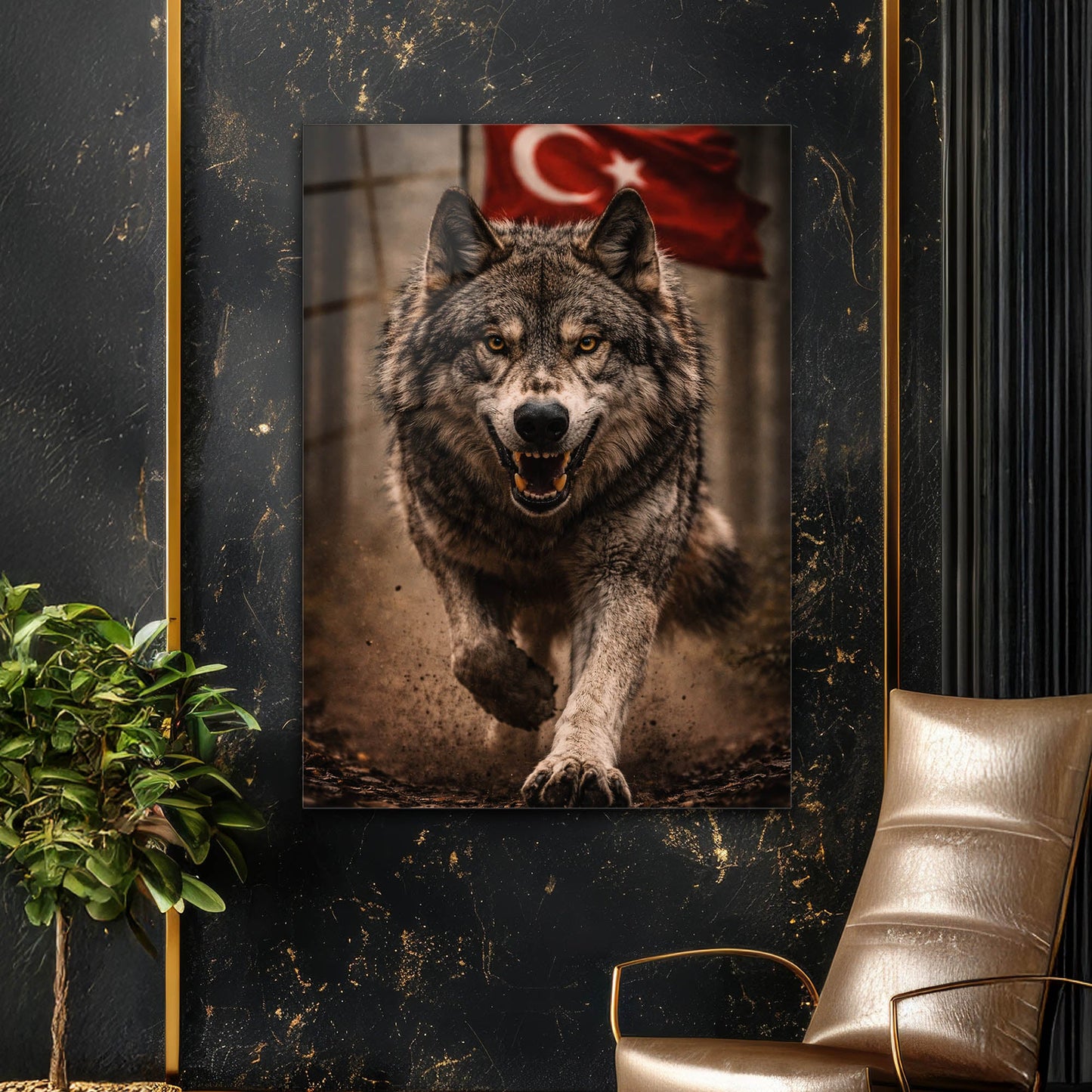 Türk Bayraklı Kurt Portre Cam Tablo