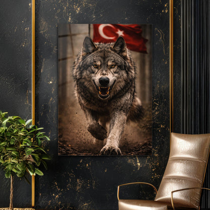 Türk Bayraklı Kurt Portre Cam Tablo