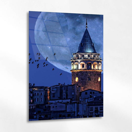 Mavi Gecede Galata Kulesi Cam Tablo