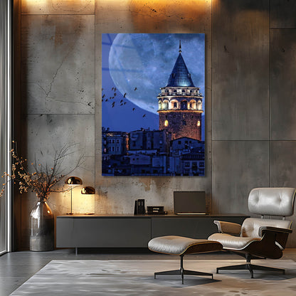 Mavi Gecede Galata Kulesi Cam Tablo