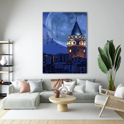 Mavi Gecede Galata Kulesi Cam Tablo