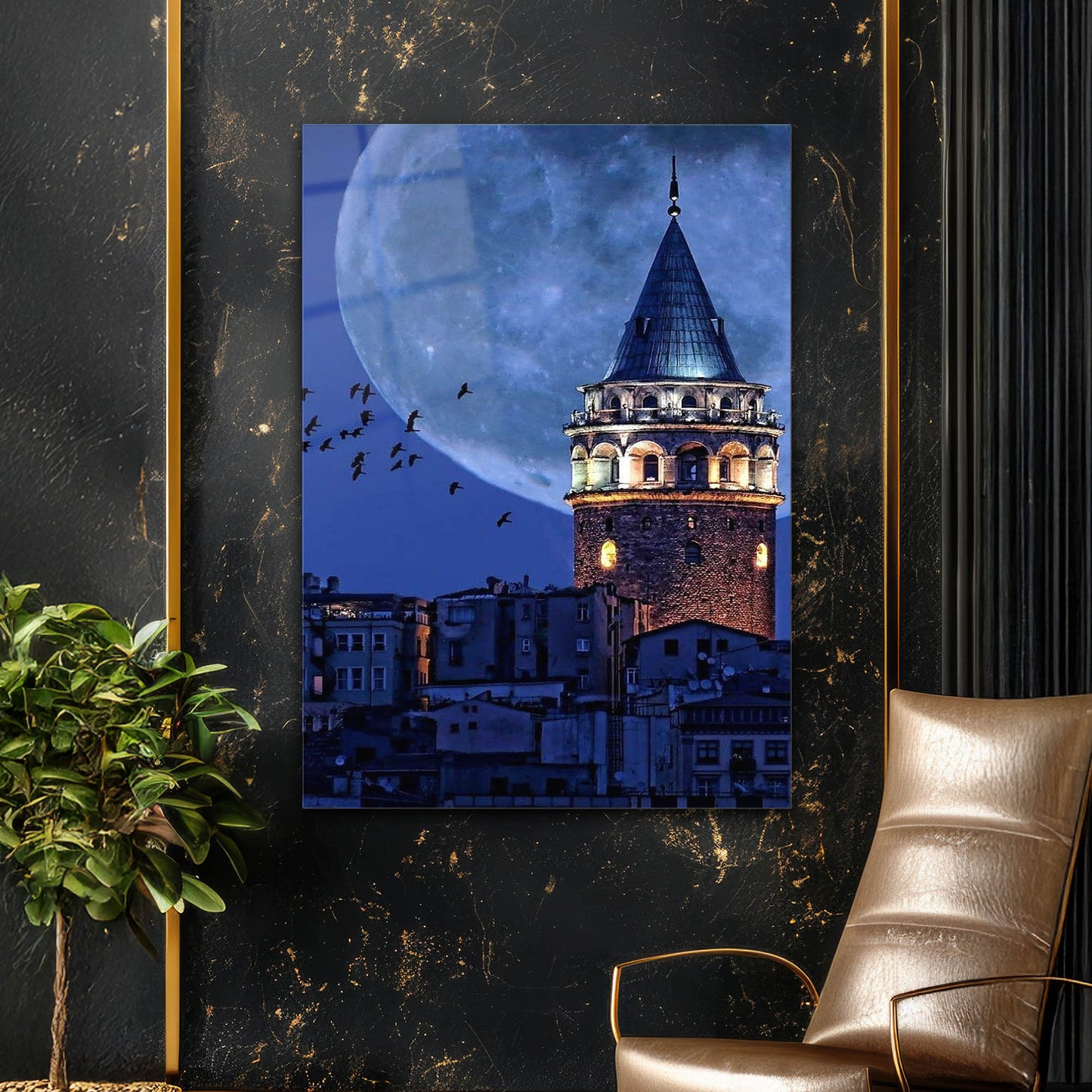 Mavi Gecede Galata Kulesi Cam Tablo