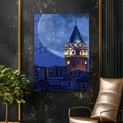 Mavi Gecede Galata Kulesi Cam Tablo