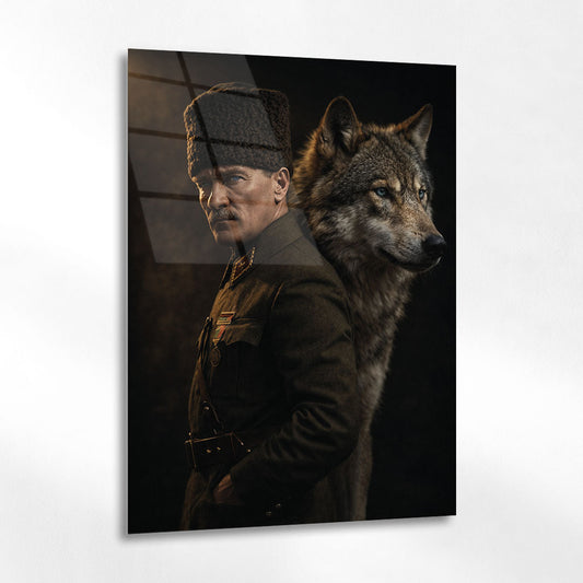 Atatürk ve Kurt Milli Güç Simgesi Cam Tablo