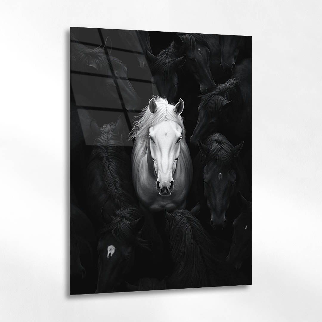 Beyaz At Siyah Sürreal Konsept Cam Tablo