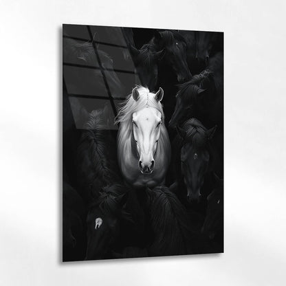Beyaz At Siyah Sürreal Konsept Cam Tablo